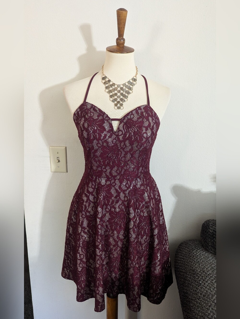 Xtraordinary Glitter Lace Fit & Flare Dress Maroon Burgundy